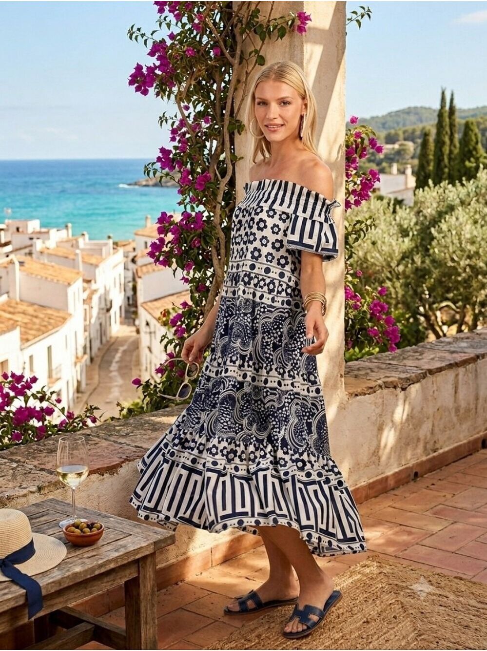 NEW Trina Turk Cattleya 2 Navy&White print organic cotton dress XXL Cottage
